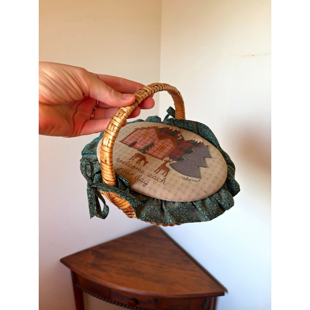 Cabin Wicker Sewing Basket w/ Handle, Fabric Lid "Welcome Each New Day"